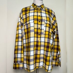 OLD NAVY Boyfriend Yellow Plaid Flannel Long Sleeve Button Up Tunic Shirt Size L